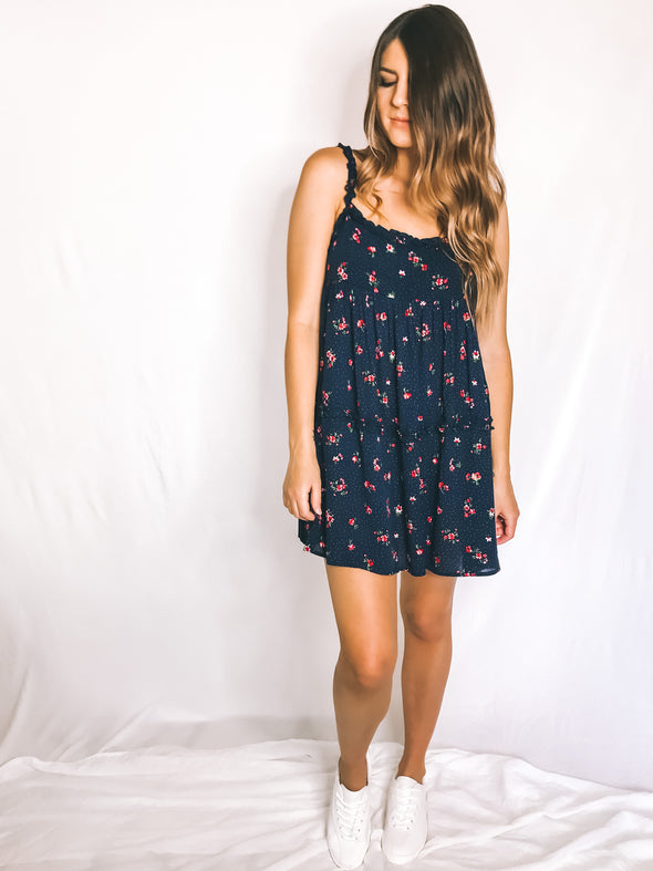 Rosette Floral Swinging Dress - Navy