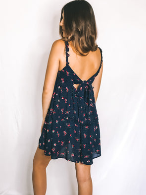 Rosette Floral Swinging Dress - Navy