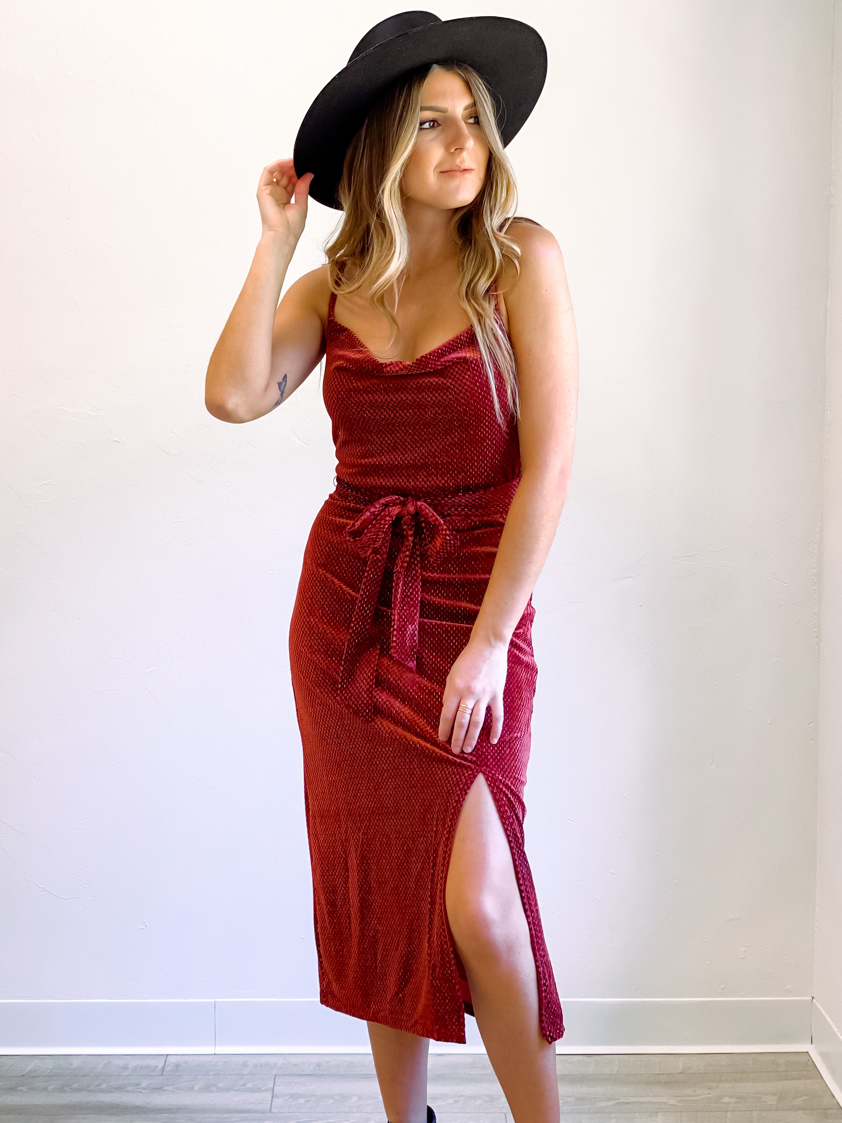 knee length dresses for ladies Adorned Virtue Velvet Midi Dress Burgundy Plum / Large